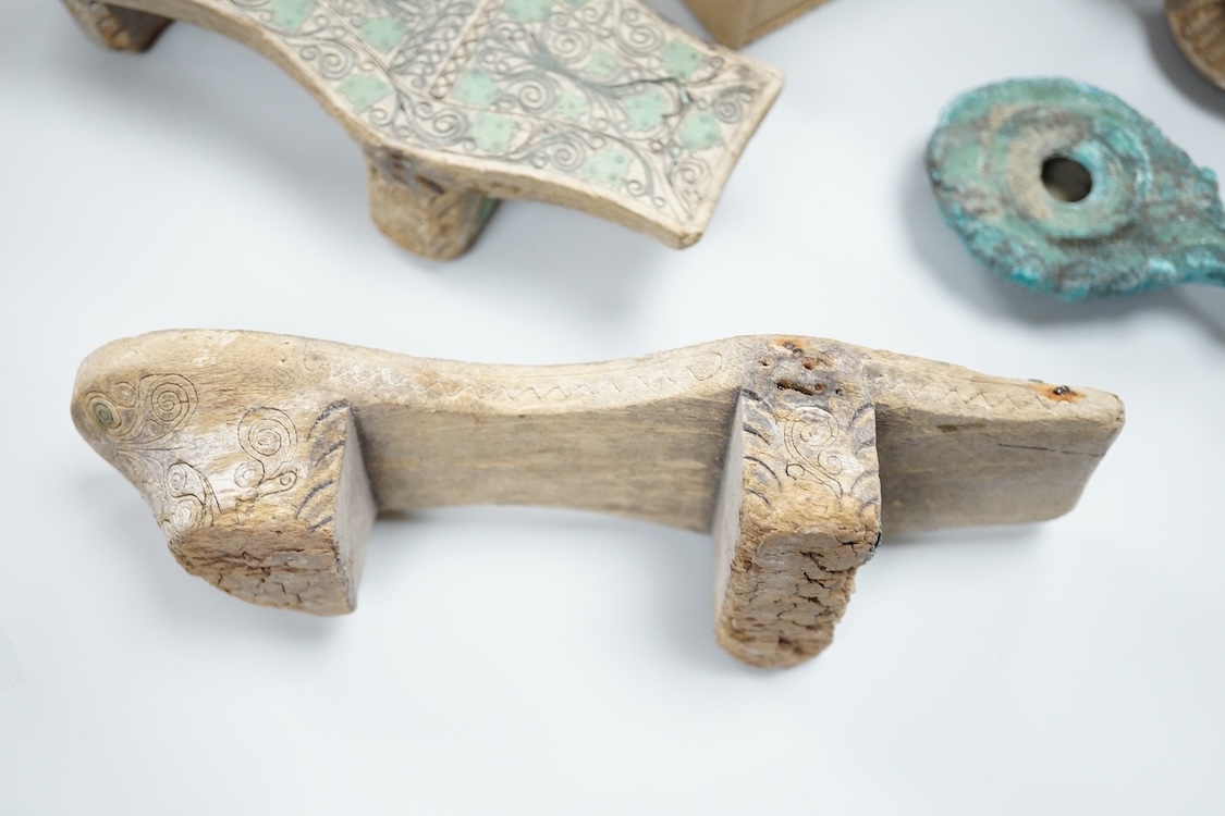 A pair of Turkish bath shoes, a collection of African beads and Middle Eastern vessels etc.